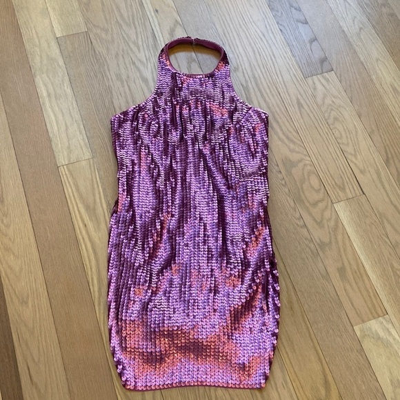 Express Sequin Halter Neck Open Back Mini Shift Dress - Picture 2 of 4